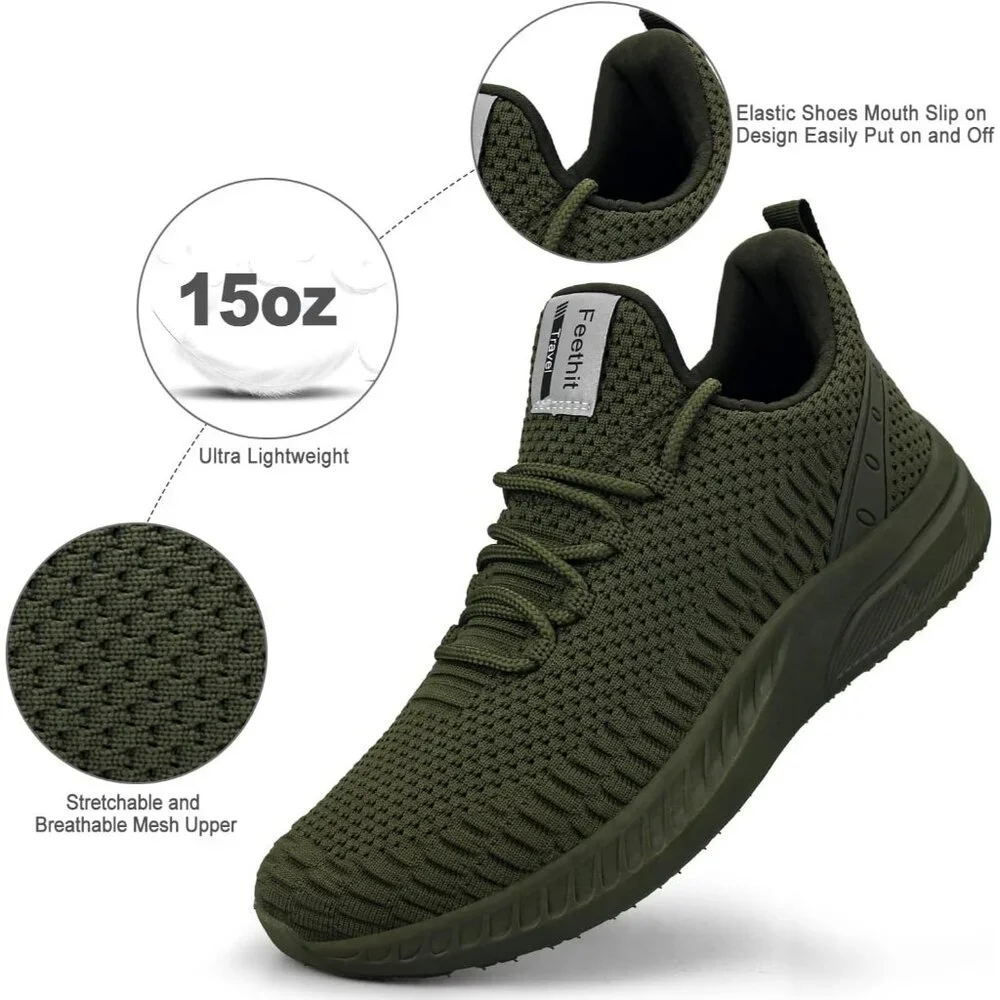 Men's Olive Green Non Slip Lightweight Workout Breathable Mesh Fashion Sneakers - Picture 2 of 6